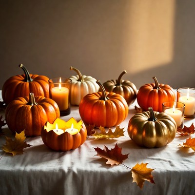 Pumpkins and Candles on Table
