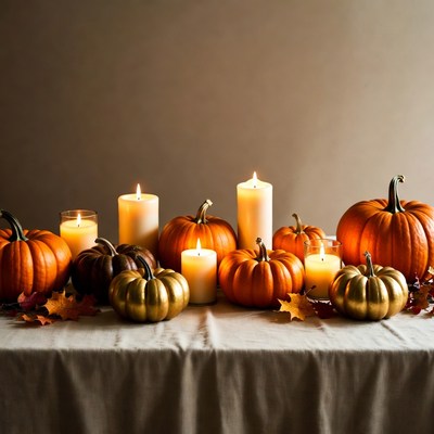 Halloween Pumpkins and Candles on Table