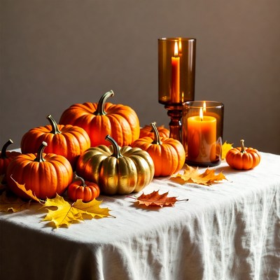 Pumpkins and Candles on Table