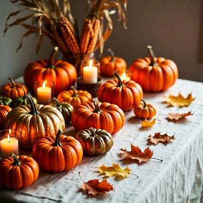 Autumn Pumpkins with Cornstalks and Leaves