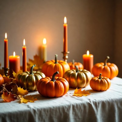 Pumpkins and Candles on Table
