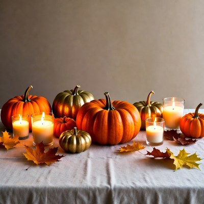 Halloween Pumpkins with Candles and Leaves