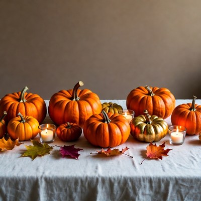 Pumpkins and autumn leaves on table
