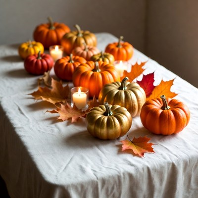 Autumn pumpkins and candles on table