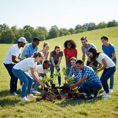 Diverse group planting trees outdoors