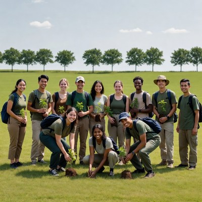 Diverse group planting trees outdoors