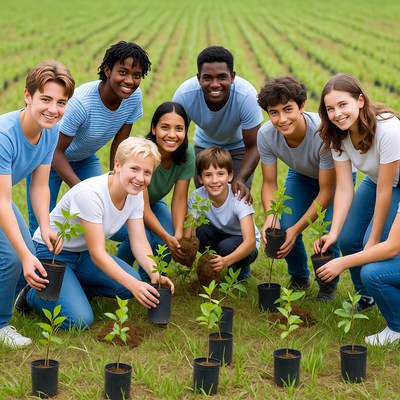 Diverse group planting seedlings in field