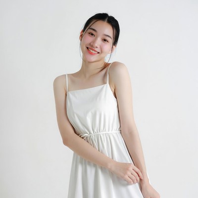 Asian woman smiling in white dress