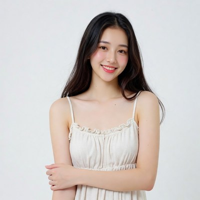Asian woman smiling in white dress