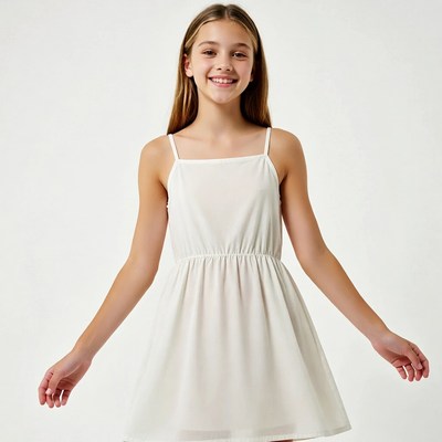 Girl smiling in white spaghetti strap dress