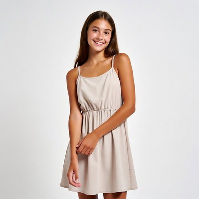 Teen girl smiling in beige slip dress