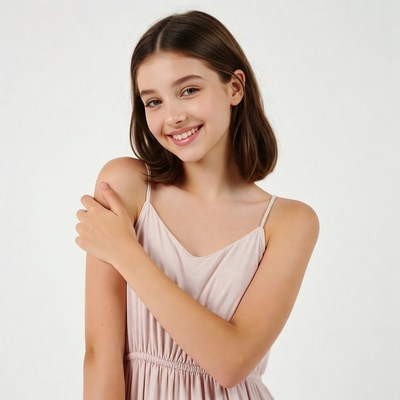 Smiling girl in pink dress