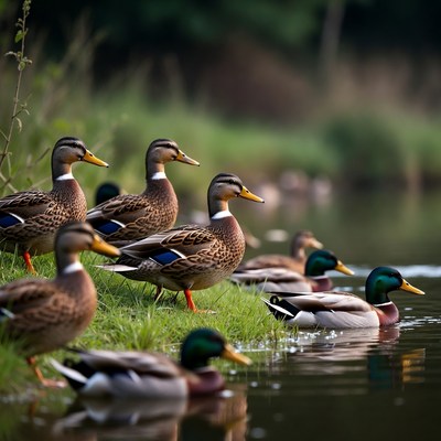 Group of Mallard Ducks by River