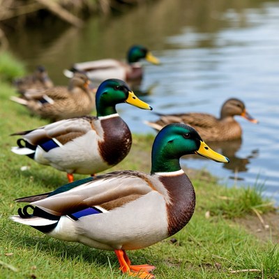 Group of Mallard Ducks by Riverbank