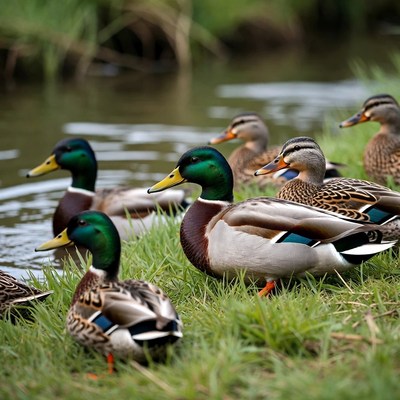 Group of Mallard Ducks by Water