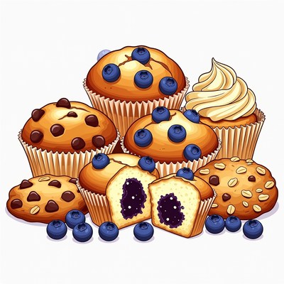 Assortment of blueberry muffins illustration