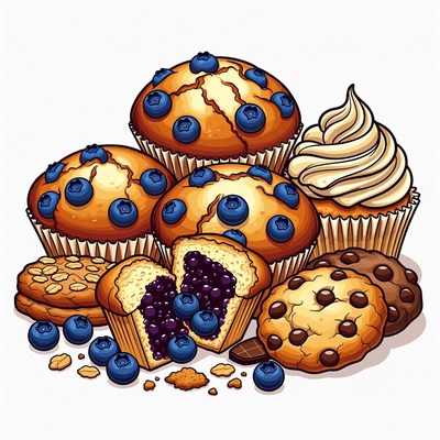 Stack of Blueberry Muffins and Cookies