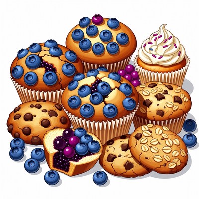 Stack of Blueberry Muffins and Cookies