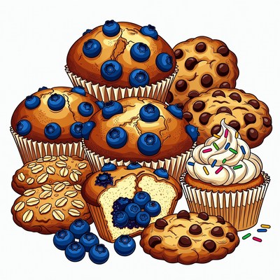 Stack of Blueberry Muffins and Cookies