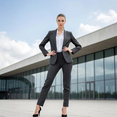 Woman in gray suit standing confidently