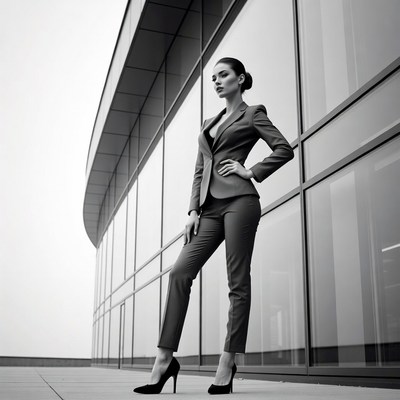Elegant woman in suit against glass building