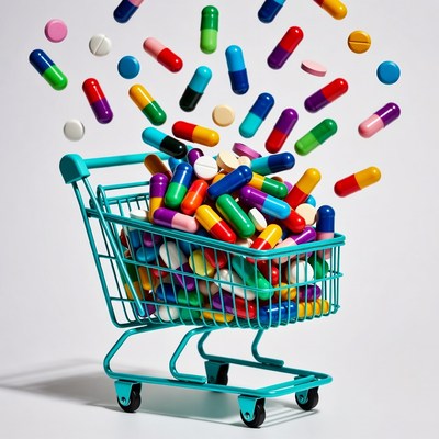 Shopping Cart Filled with Colorful Pills