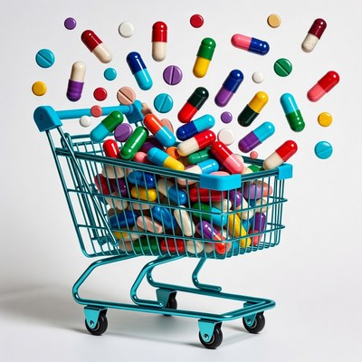 Shopping Cart Filled with Colorful Pills