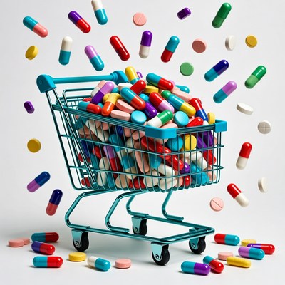 Shopping Cart Overflowing with Colorful Pills