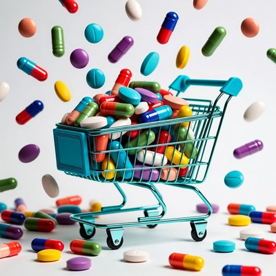 Shopping Cart Filled with Colorful Pills