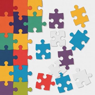 Colorful puzzle pieces scattered on white