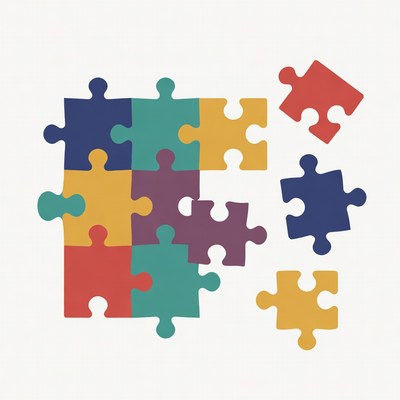 Colorful scattered puzzle pieces illustration