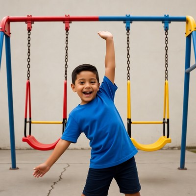 Happy Latino boy waving at playground swings