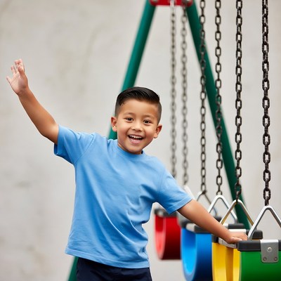 Asian boy waving at playground swings