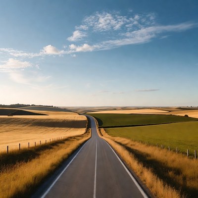 Winding road through golden fields