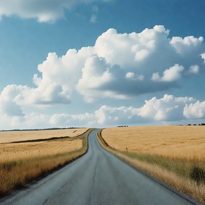 Winding road through golden wheat fields