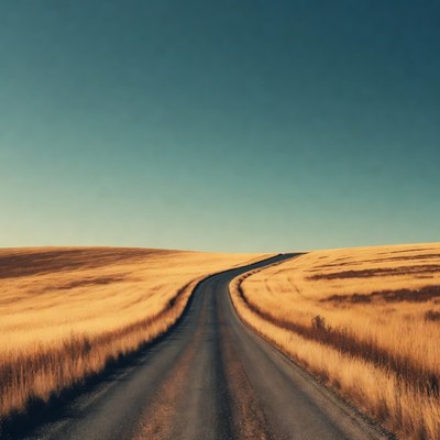 Winding road through golden wheat fields