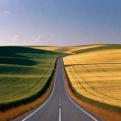 Straight road through green and yellow fields