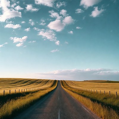 Winding road through golden fields