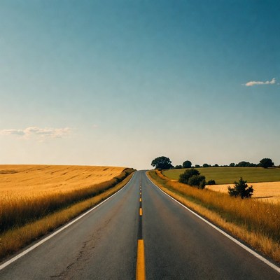 Straight road through golden wheat fields