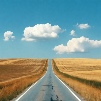 Straight road through golden wheat fields