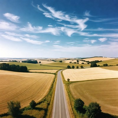 Aerial view of road through golden fields