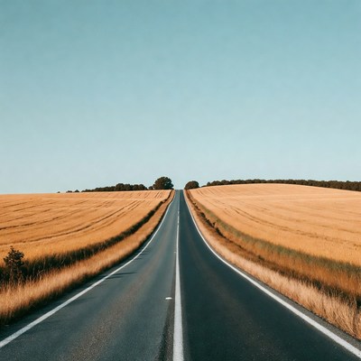 Straight road through golden wheat fields