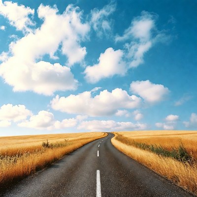 Winding road through golden wheat field