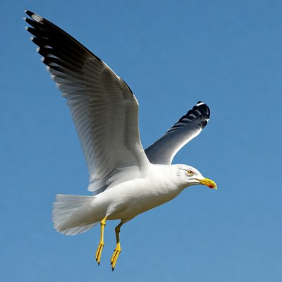 Gull flying over blue sky