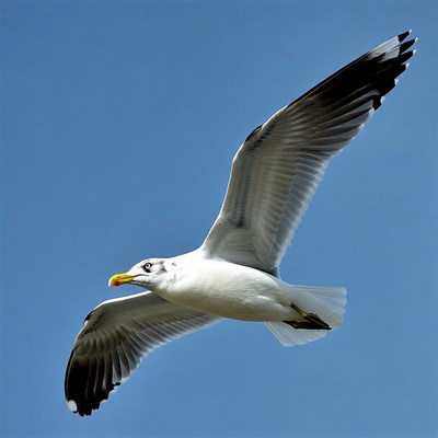 Gull flying against blue sky