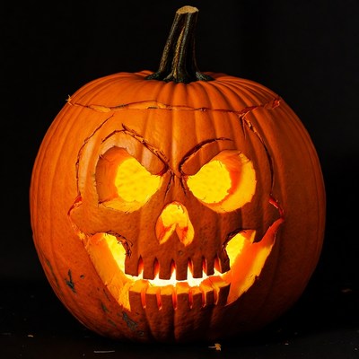 Lit Jack-o-Lantern Skull Pumpkin