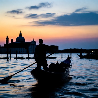 Silhouette Gondolier Rowing Venice Canal Sunset