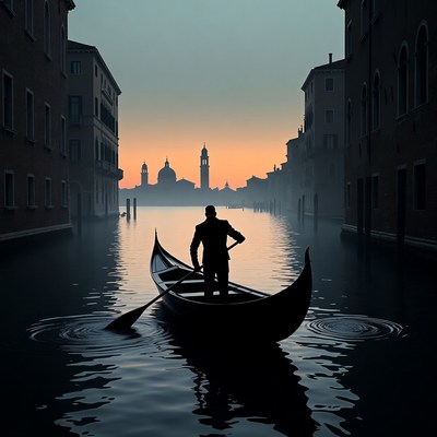 Silhouetted Gondolier Rowing in Venice Canal