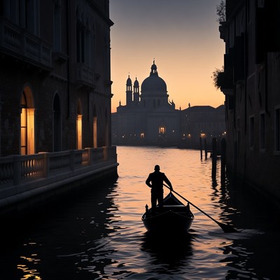 Gondolier rowing in Venice canal at sunset