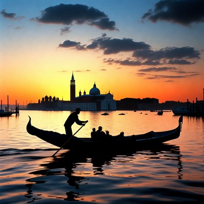 Gondolier rowing tourists Venice sunset